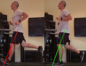 Less knee bend with over striding